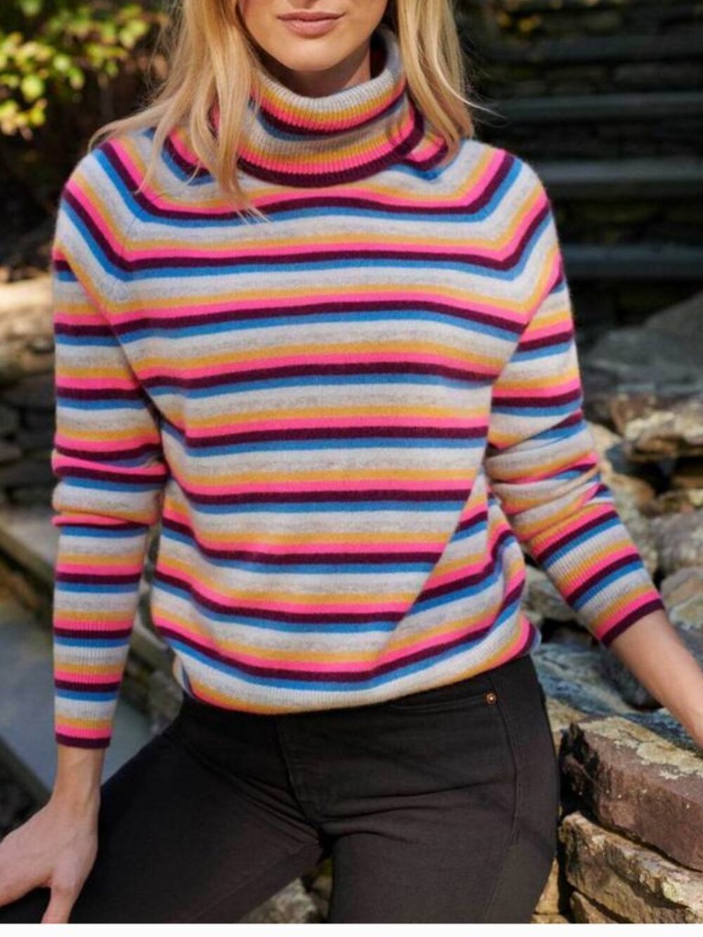 White + Warren Cashmere Striped Turtleneck